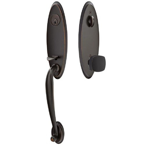 Emtek Marietta Tubular Entrance Handleset With Freestone Square Knob in Oil Rubbed Bronze finish