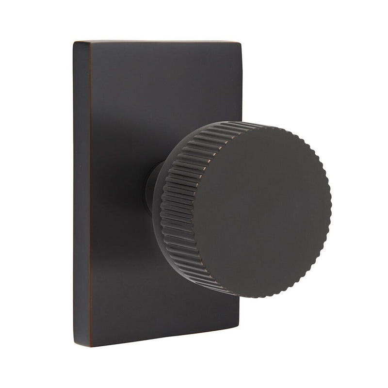 Emtek Select Conical Straight Knurled Knob with Modern Rectangular Rosette in Oil Rubbed Bronze finish