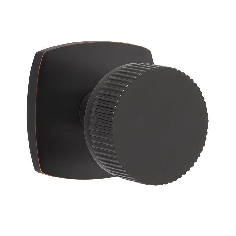 Emtek Select Conical Straight Knurled Knob with Urban Modern Rosette in Oil Rubbed Bronze finish