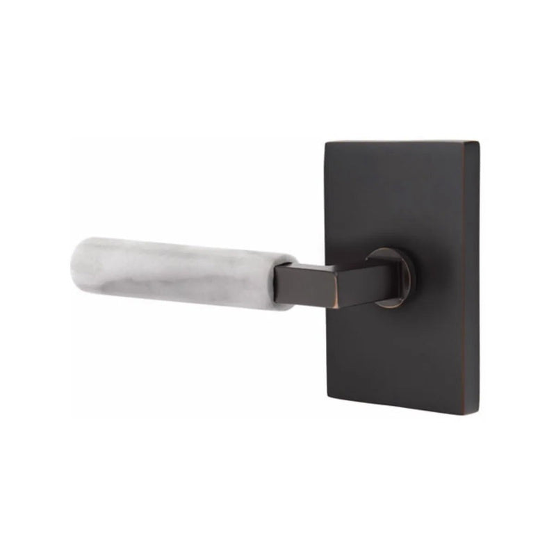 Emtek Select L-Square White Marble Lever with Modern Rectangular Rosette in Oil Rubbed Bronze finish