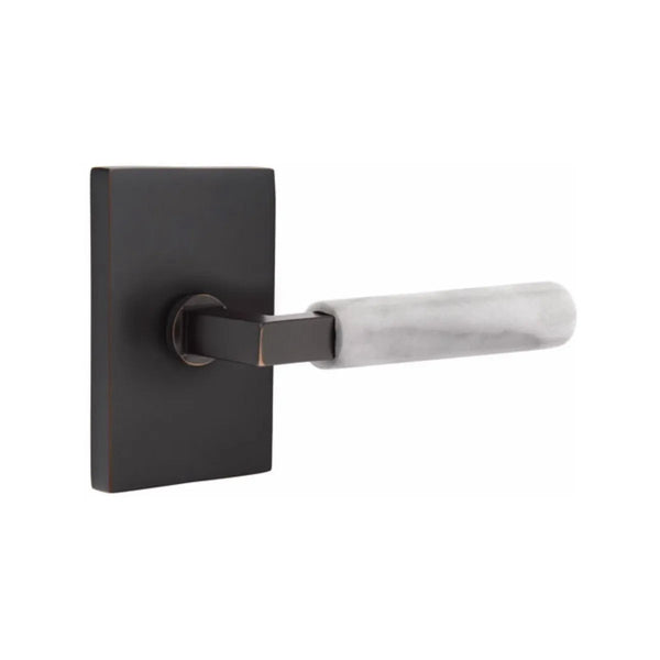 Emtek Select L-Square White Marble Lever with Modern Rectangular Rosette in Oil Rubbed Bronze finish