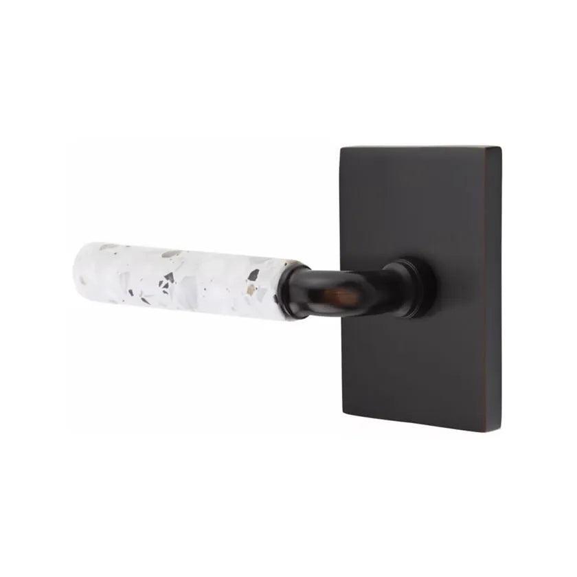 Emtek Select R-Bar Terrazzo Lever with Modern Rectangular Rosette in Oil Rubbed Bronze finish