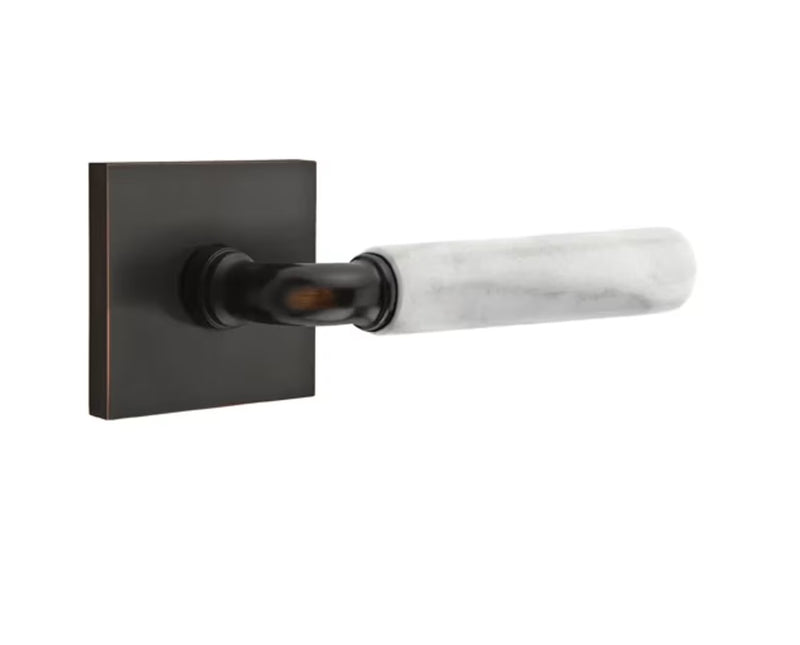 The Emtek Select R-Bar White Marble Lever with Square Rosette in Oil Rubbed Bronze finish.