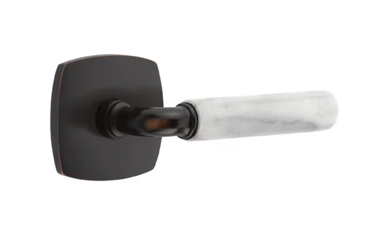 The Emtek Select R-Bar White Marble Lever with Urban Modern Rosette in Oil Rubbed Bronze finish.