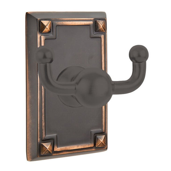 Emtek Traditional Brass Double Robe Hook With Arts & Crafts Rosette in Oil Rubbed Bronze finish