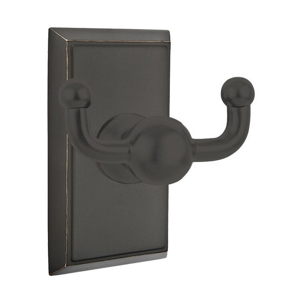 Emtek Traditional Brass Double Robe Hook With Rectangular Rosette in Oil Rubbed Bronze finish