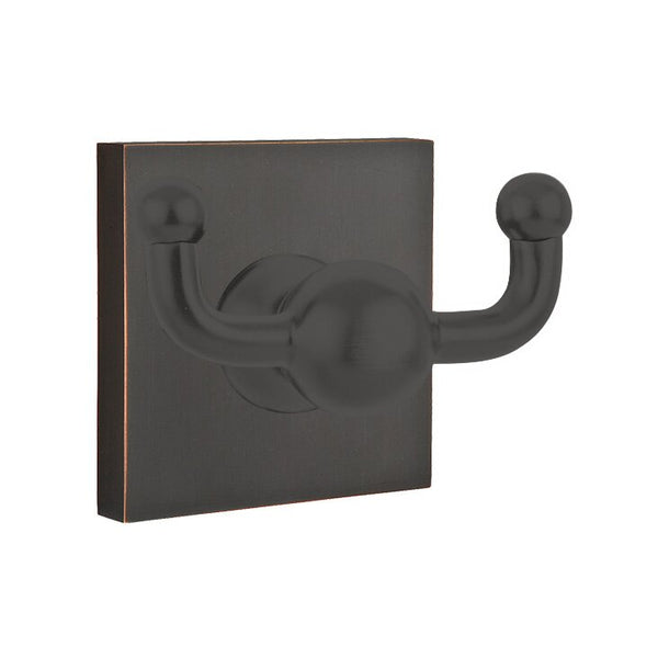 Emtek Traditional Brass Double Robe Hook With Square Rosette in Oil Rubbed Bronze finish