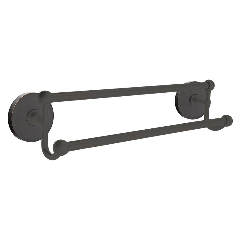 The Emtek Traditional BrassDouble Towel Bar (18" width) With Small Disc Rosette in Oil Rubbed Bronze finish.