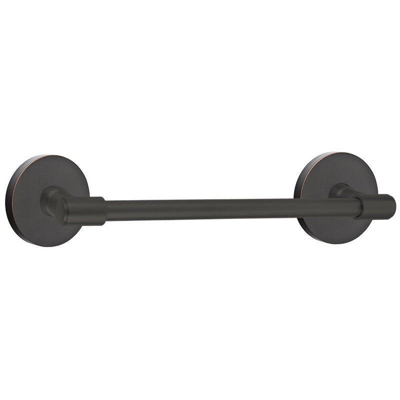 The Emtek Transitional Brass Towel Bar with Disk Rosette in Oil Rubbed Bronze finish.