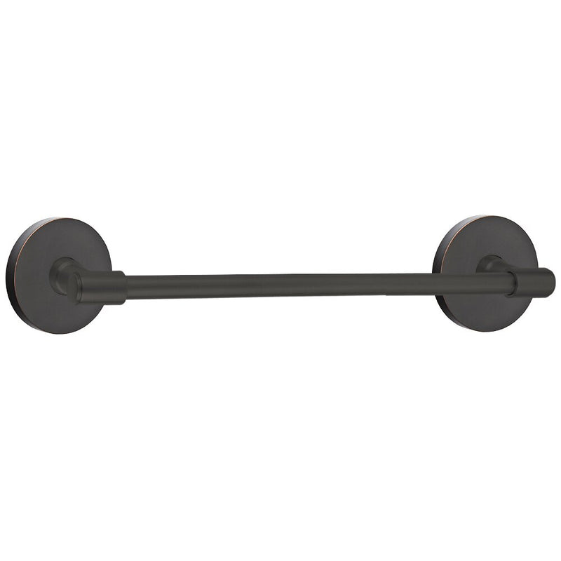 The Emtek Transitional Brass Towel Bar with Disk Rosette in Oil Rubbed Bronze finish.