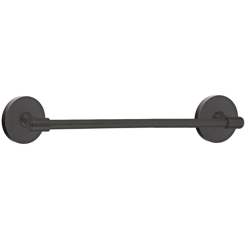 The Emtek Transitional Brass Towel Bar with Disk Rosette in Oil Rubbed Bronze finish.