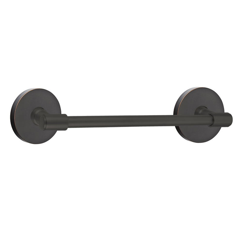 The Emtek Transitional Brass Towel Bar with Disk Rosette in Oil Rubbed Bronze finish.