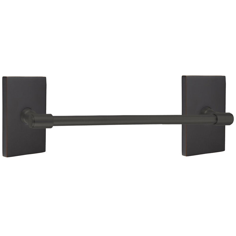 The Emtek Transitional Brass Towel Bar with Modern Rectangular Rosette in Oil Rubbed Bronze finish.