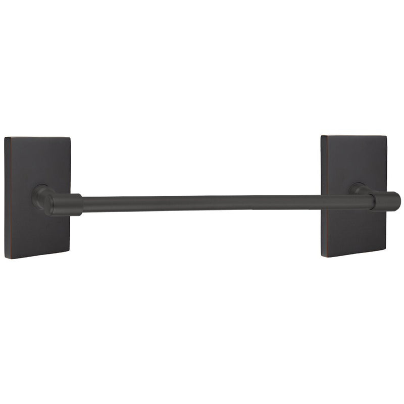 The Emtek Transitional Brass Towel Bar with Modern Rectangular Rosette in Oil Rubbed Bronze finish.