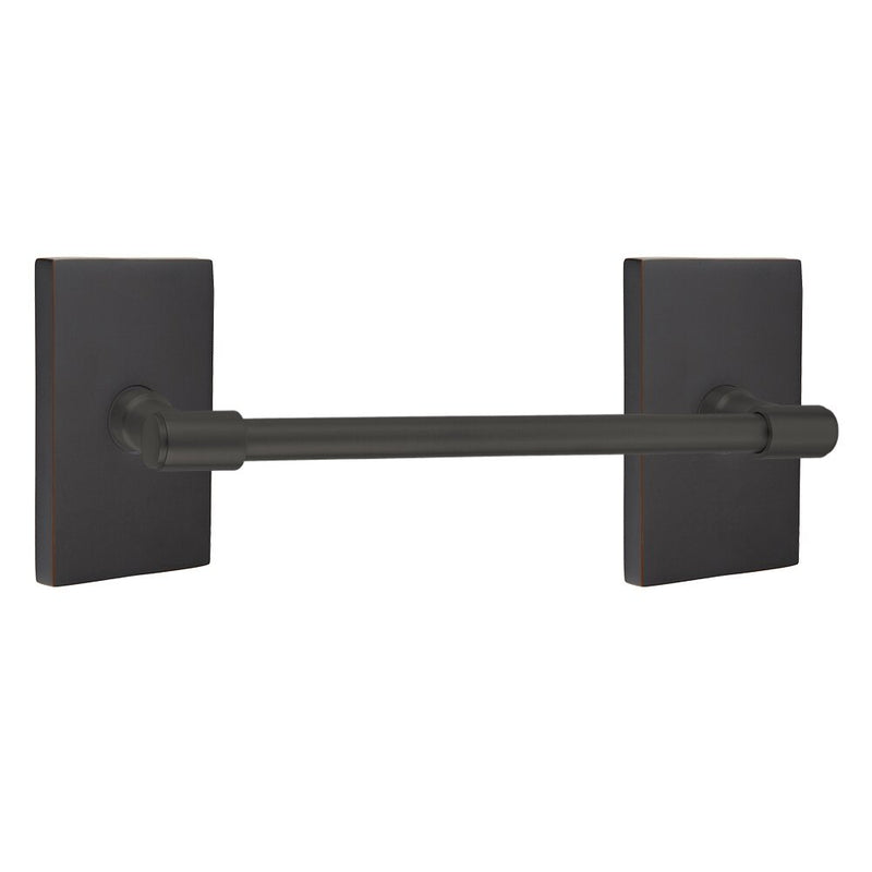 The Emtek Transitional Brass Towel Bar with Modern Rectangular Rosette in Oil Rubbed Bronze finish.