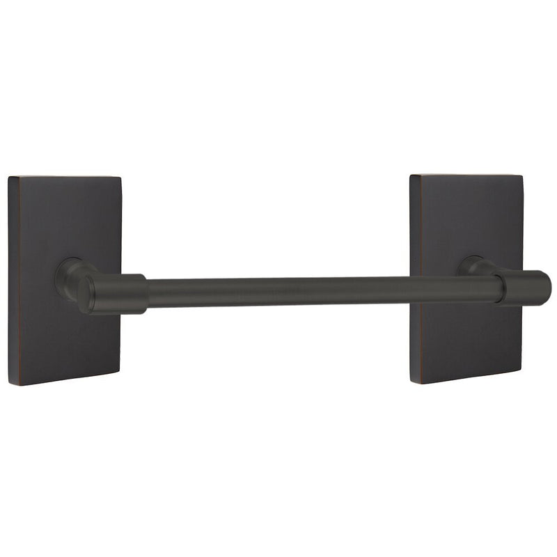 The Emtek Transitional Brass Towel Bar with Modern Rectangular Rosette in Oil Rubbed Bronze finish.