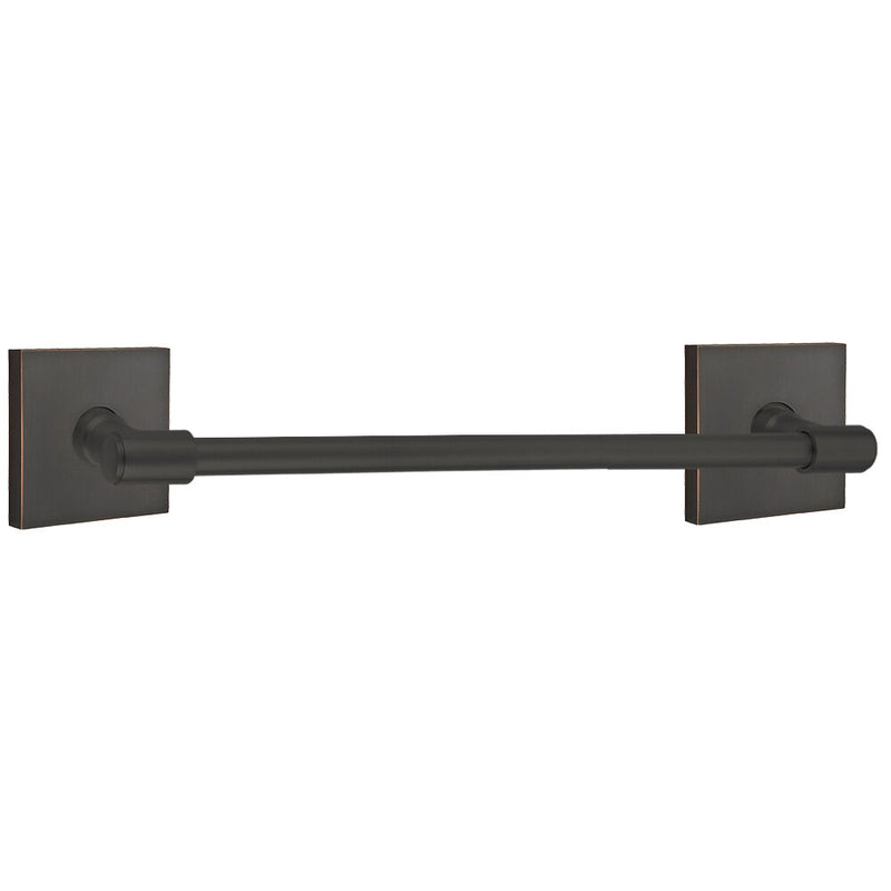 The Emtek Transitional Brass Towel Bar with Square Rosette in Oil Rubbed Bronze finish.