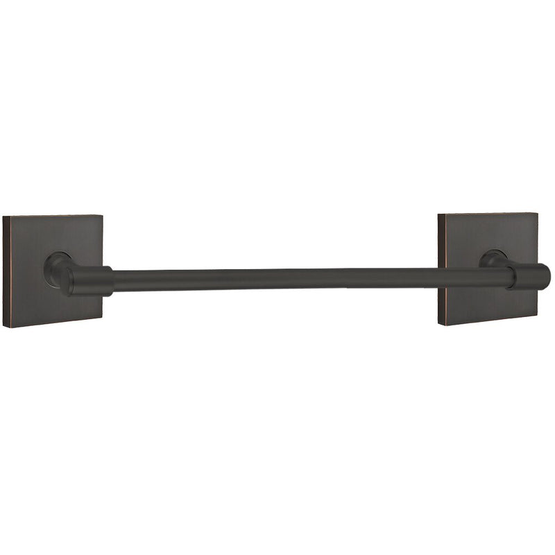 The Emtek Transitional Brass Towel Bar with Square Rosette in Oil Rubbed Bronze finish.