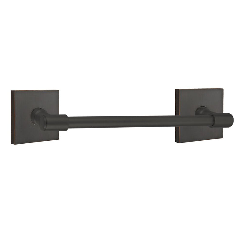 The Emtek Transitional Brass Towel Bar with Square Rosette in Oil Rubbed Bronze finish.