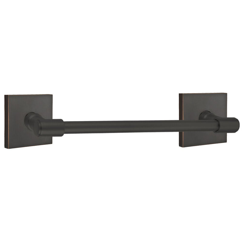 The Emtek Transitional Brass Towel Bar with Square Rosette in Oil Rubbed Bronze finish.