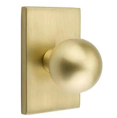 Emtek Orb Knob with Modern Rectangular Rosette in Satin Brass finish