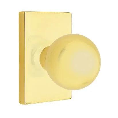 Emtek Orb Knob with Modern Rectangular Rosette in Unlacquered Brass finish