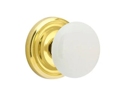 Emtek Ice White Knob with Regular Rosette in Unlacquered Brass finish