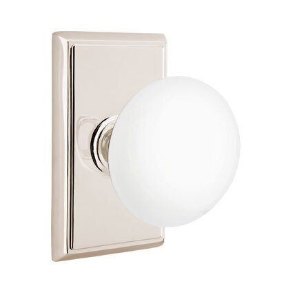 Emtek Ice White Porcelain Knob with Rectangular Rosette in Lifetime Polished Nickel finish