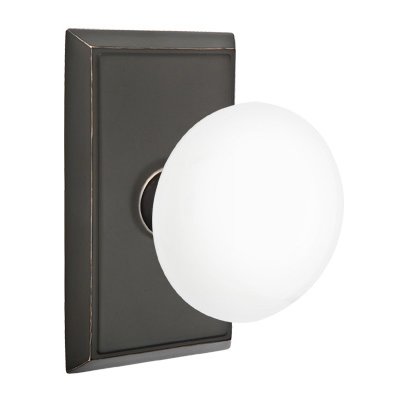 Emtek Ice White Porcelain Knob with Rectangular Rosette in Oil Rubbed Bronze finish