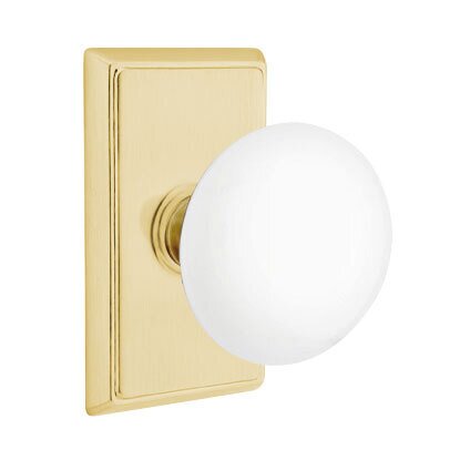 Emtek Ice White Porcelain Knob with Rectangular Rosette in Satin Brass finish