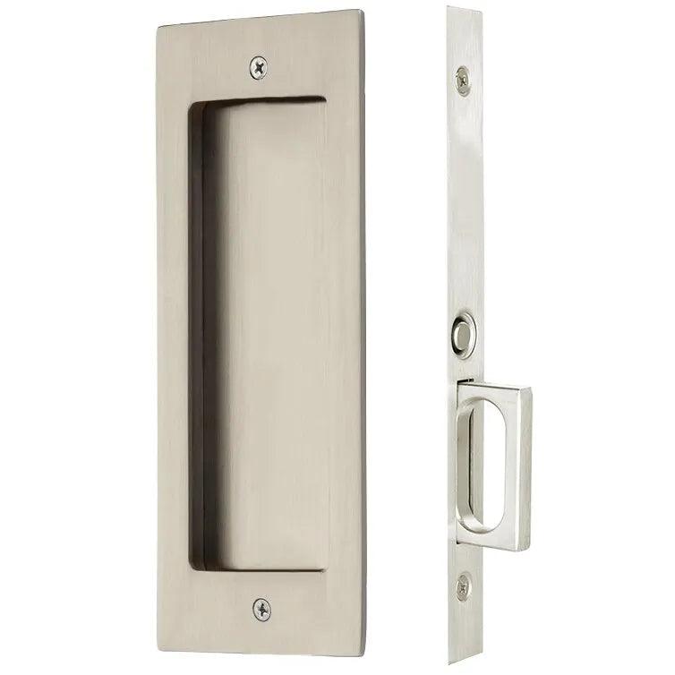 The Emtek Passage Modern Rectangular Pocket Door Mortise Lock in Satin Nickel finish