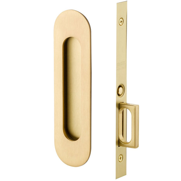 The Emtek Passage Narrow Oval Pocket Door Mortise Lock in Satin Nickel finish