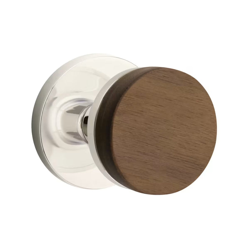 Emtek Select Conical Dark Walnut Knob with Disk Rosette in Polished Nickel finish