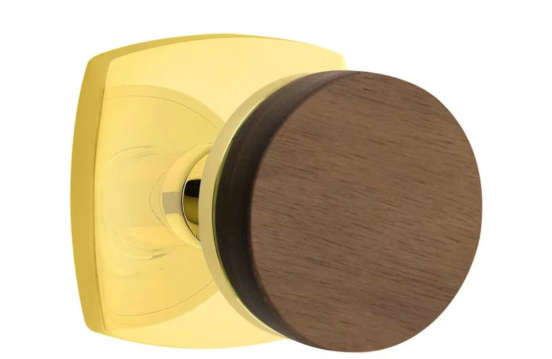 Emtek Select Conical Dark Walnut Knob with Urban Modern Rosette in Unlacquered Brass finish