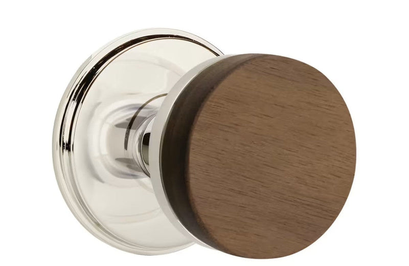 Emtek Select Conical Dark Walnut Knob with Watford Rosette in Polished Nickel finish