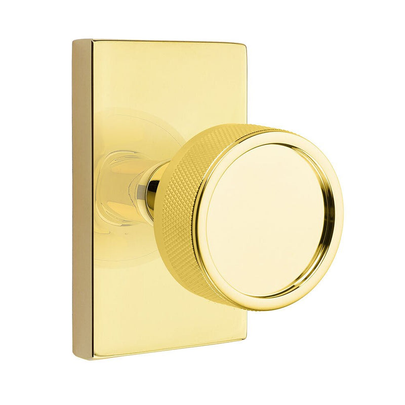 Emtek Select Conical Knurled Knob with Modern Rectangular Rosette in Unlacquered Brass finish