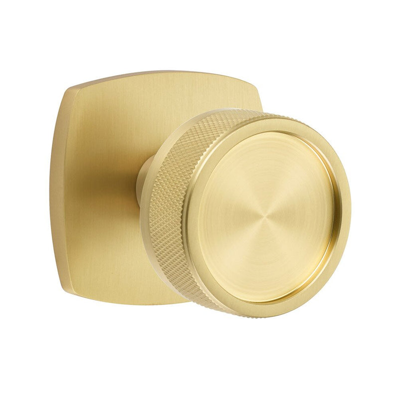 Emtek Select Conical Knurled Knob with Urban Modern Rosette in Satin Brass finish