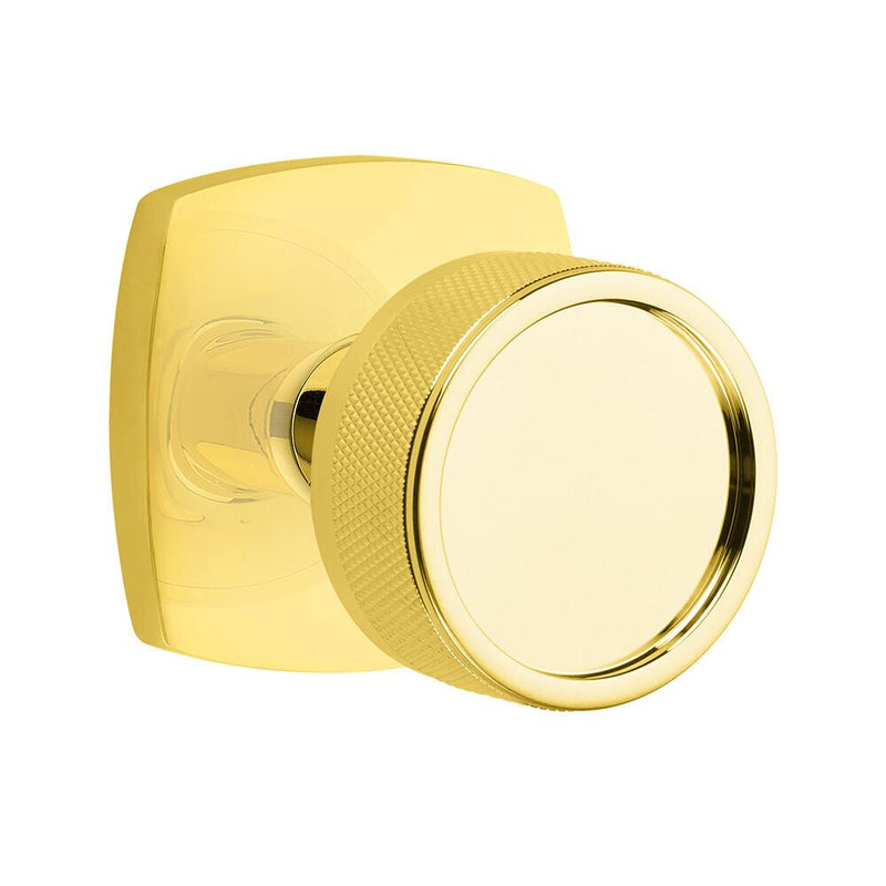 Emtek Select Conical Knurled Knob with Urban Modern Rosette in Unlacquered Brass finish