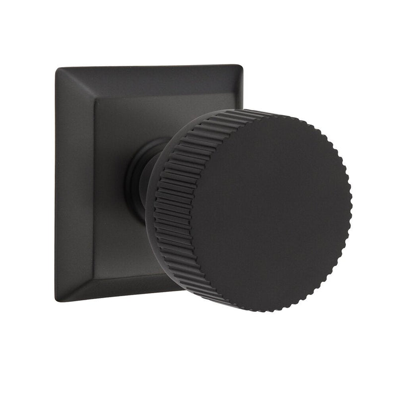 Emtek Select Conical Straight Knurled Knob with Quincy Rosette in Flat Black finish