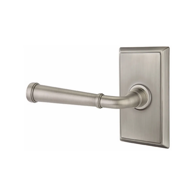 The Emtek Merrimack Lever With Rectangular Rosette in Pewter finish