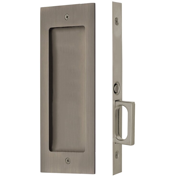 The Emtek Passage Modern Rectangular Pocket Door Mortise Lock in Pewter finish