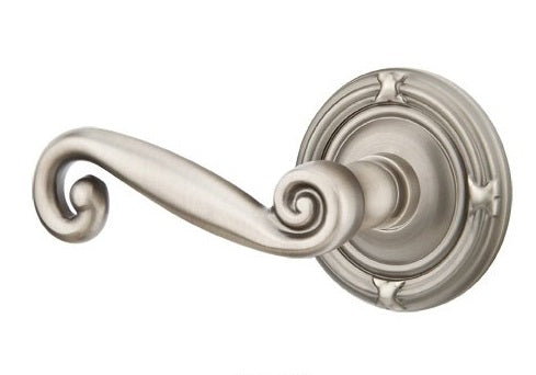 The Emtek Rustic Lever With Ribbon & Reed Rosette in Pewter finish.