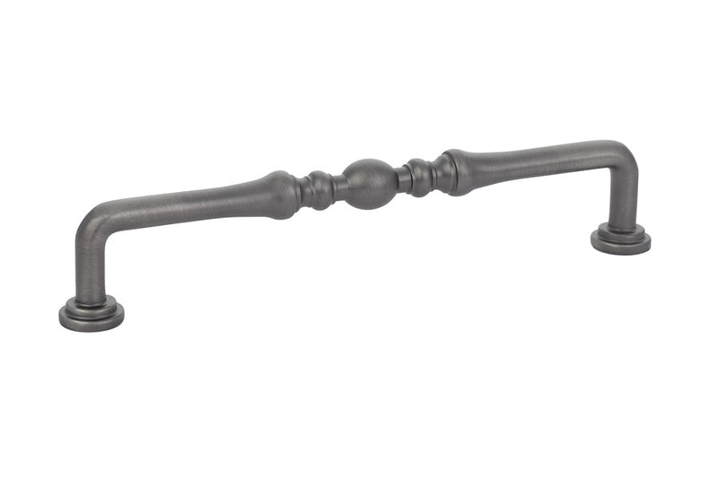 The Emtek Spindle Cabinet Pull, 6" Center to Center in Pewter finish