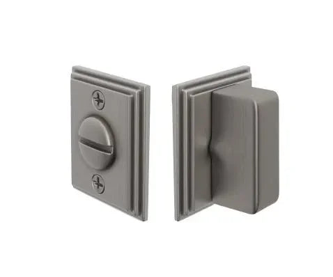The Emtek Wilshire Double Rosette Privacy Bolt in Pewter finish.
