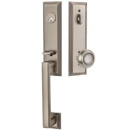 Emtek Wilshire Tubular Entrance Handleset With Belmont Knob in Pewter finish