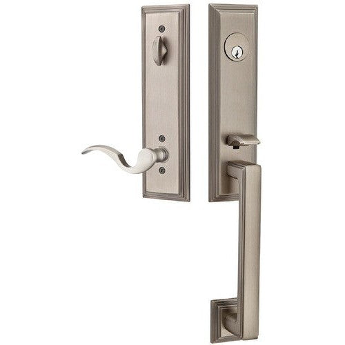 Emtek Wilshire Tubular Entrance Handleset With Cortina Lever in Pewter finish