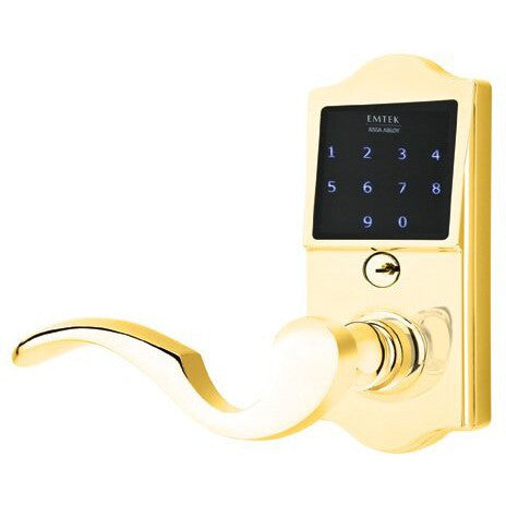 Emtek EMTouch Classic Electronic Touchscreen Keypad Leverset with Cortina Lever in Polished Brass finish