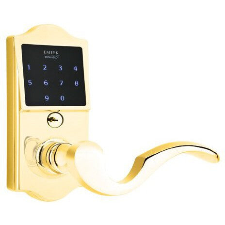 Emtek EMTouch Classic Electronic Touchscreen Keypad Leverset with Cortina Lever in Polished Brass finish