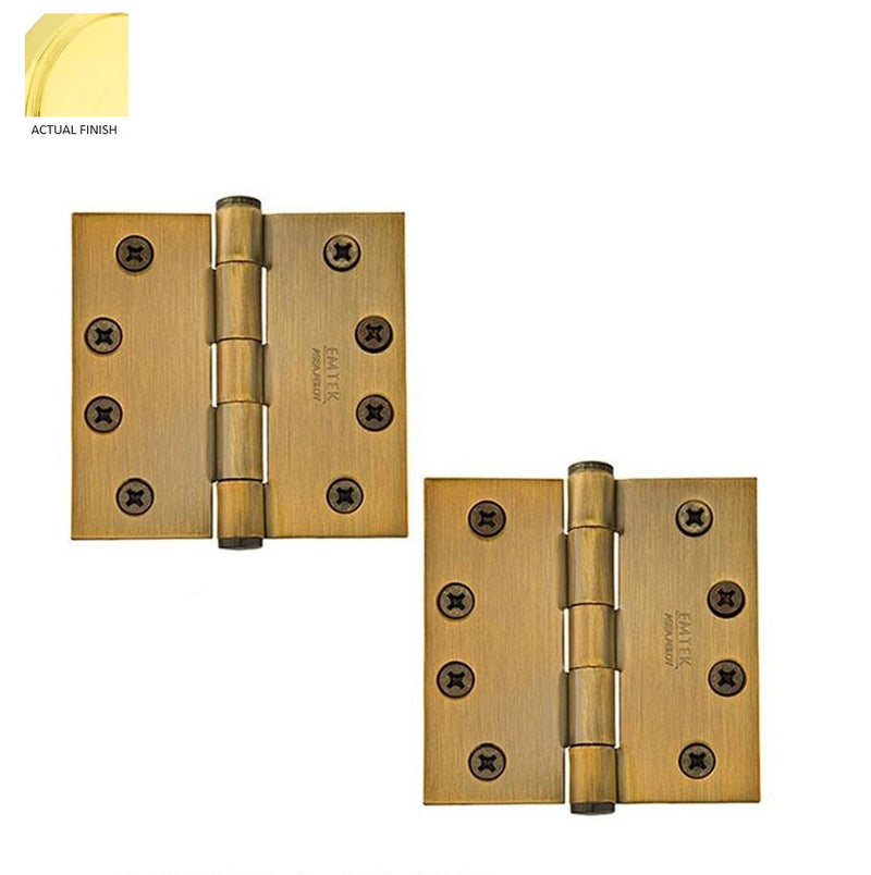 Emtek Heavy Duty Steel Plain Bearing Hinge, 4" x 4" with Square Corners in Polished Brass finish