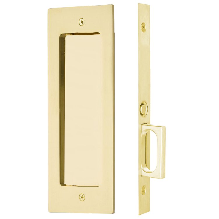 The Emtek Passage Modern Rectangular Pocket Door Mortise Lock in Polished Brass finish